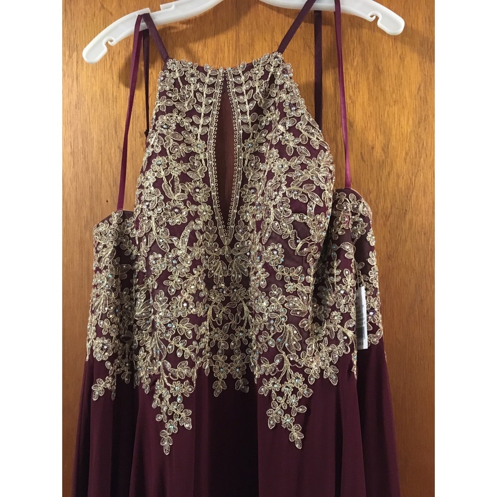 XSCAPE HIGH NECK MAROON/GOLD PROM DRESS